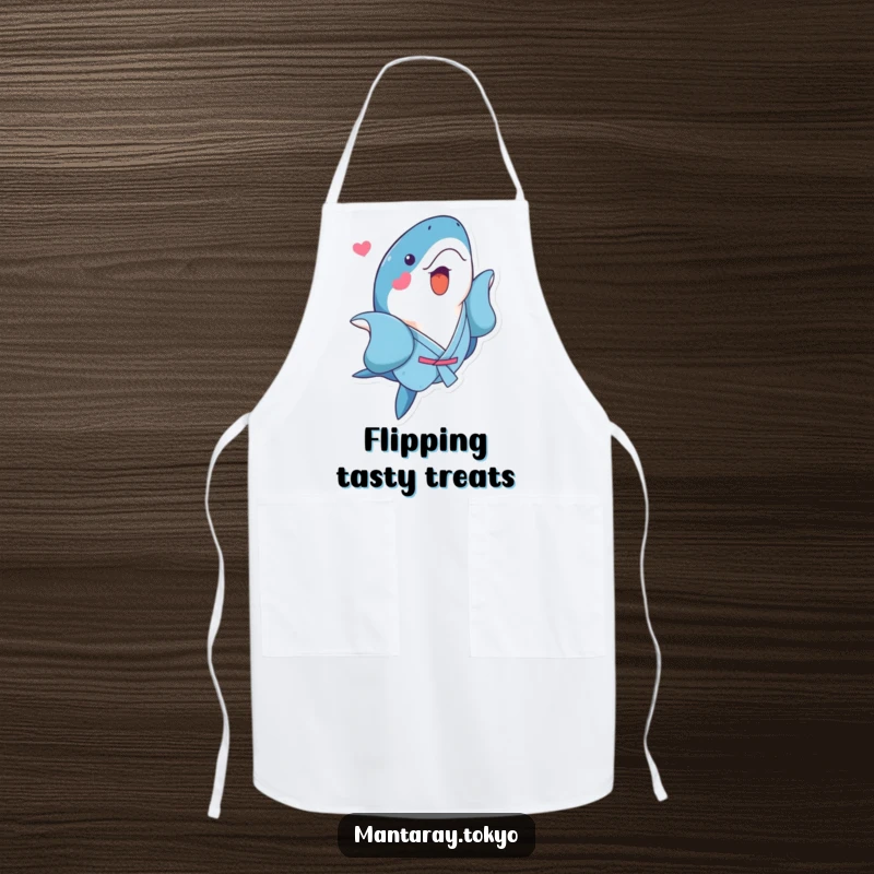 Funny Kawaii Manta Ray Apron featuring an adorable manta ray in a blue kimono performing a playful flip, a fun kitchen accessory.