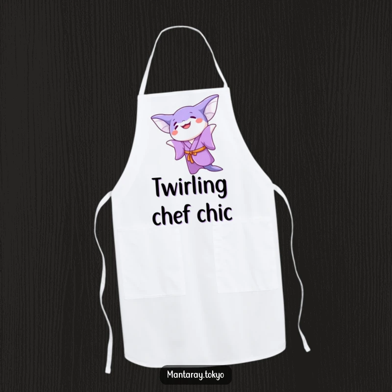 Funny kawaii manta ray in a purple kimono doing a joyful twirl, on a practical apron for cooking or baking.