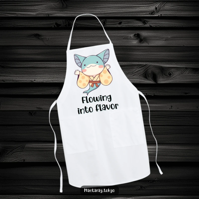 Funny whimsical manta ray in a kimono with flowing sleeves, waving, on a functional and humorous apron.