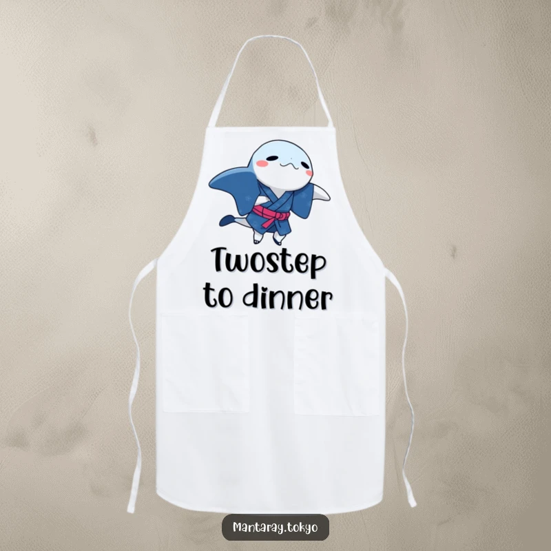 Funny manta ray in a traditional indigo kimono, doing a dance step, on a functional and humorous apron.