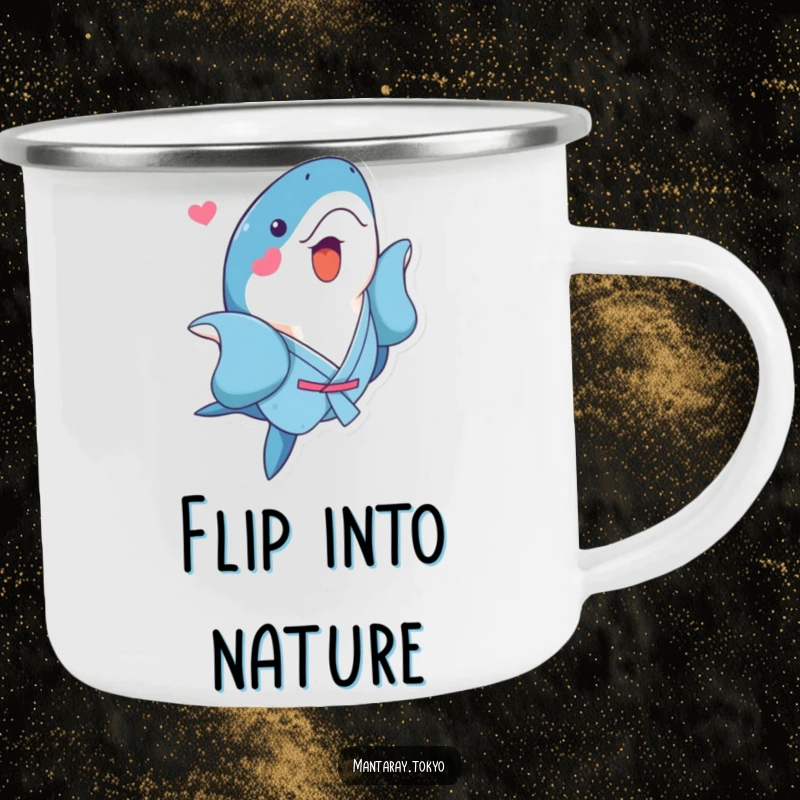 Funny Kawaii Manta Ray Camping Mug showing a cute manta ray in a blue kimono doing a playful flip, a durable and fun choice.