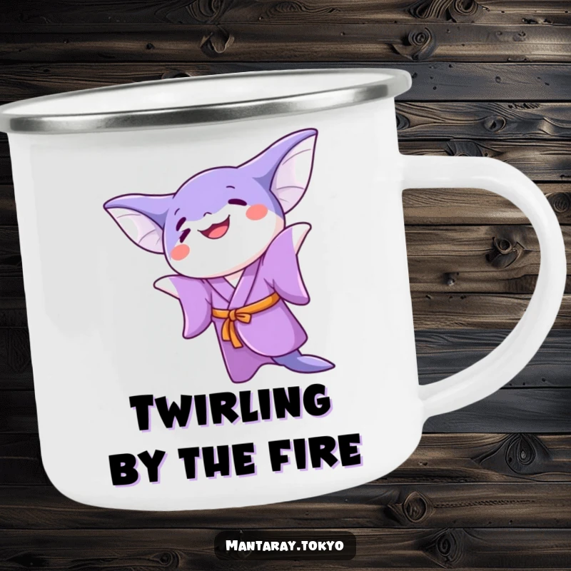 Funny kawaii manta ray in a purple kimono doing a joyful twirl, on a durable camping mug, ready for the outdoors.