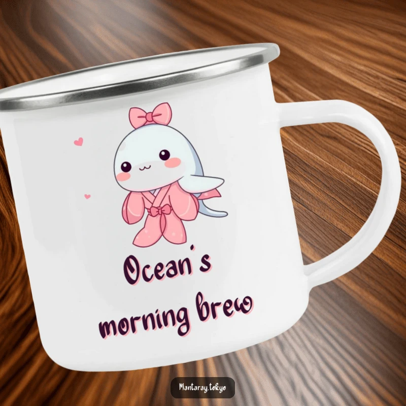 Funny Kawaii Manta Ray Camping Mug showing a cute manta ray in a pink kimono swimming, a durable and adorable choice.