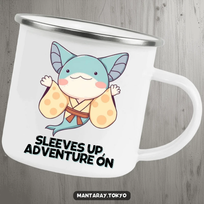 Funny whimsical manta ray in a kimono with flowing sleeves, waving, on a sturdy and humorous camping mug.
