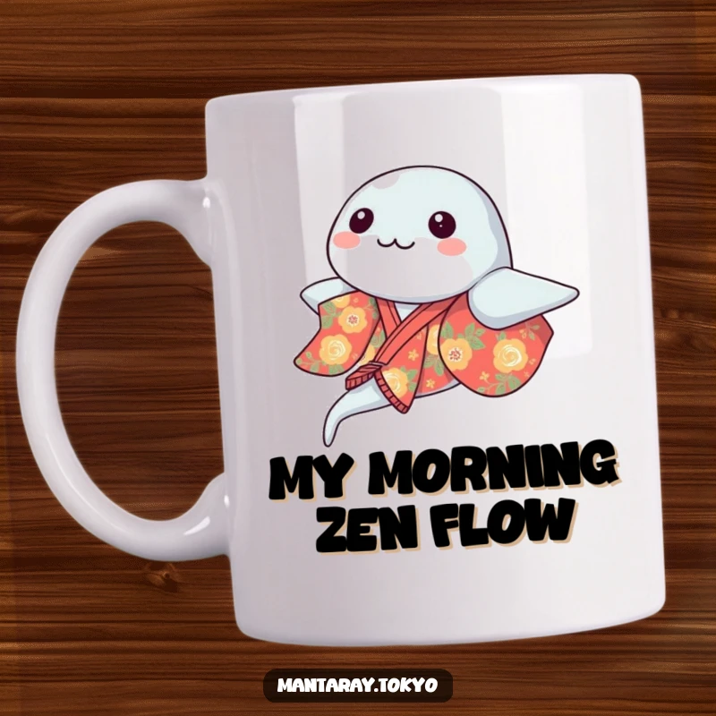 Funny kawaii manta ray in a vibrant patterned kimono gracefully gliding through the ocean, a delightful and humorous mug design.
