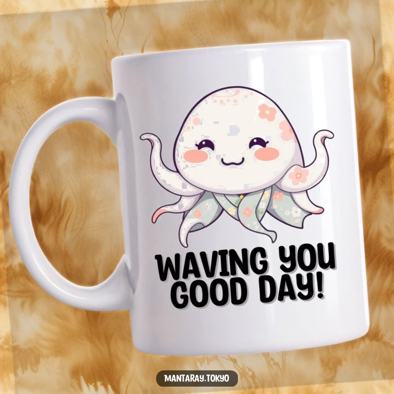 Funny smiling manta ray in a floral kimono, waving tentacles playfully, on a delightful mug, bringing ocean humor.