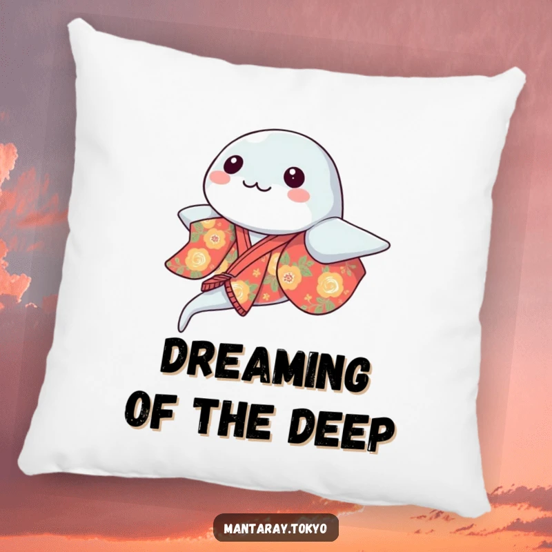 Funny kawaii manta ray in a vibrant kimono gracefully gliding, depicted on a soft and plush pillow, adding humor to decor.