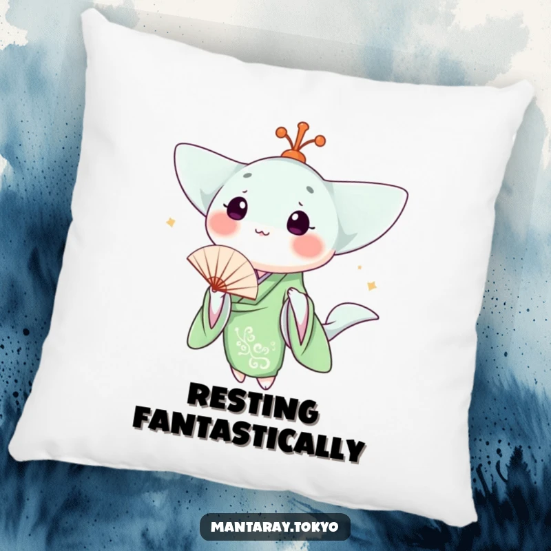 Funny kawaii manta ray in a green kimono holding a fan, on a soft throw pillow, adding comfort and humor.
