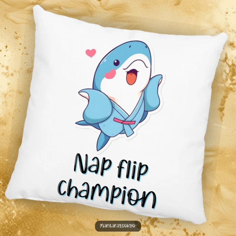 Funny Kawaii Manta Ray Pillow showing a cute manta ray in a blue kimono doing a playful flip, perfect for fun decor.