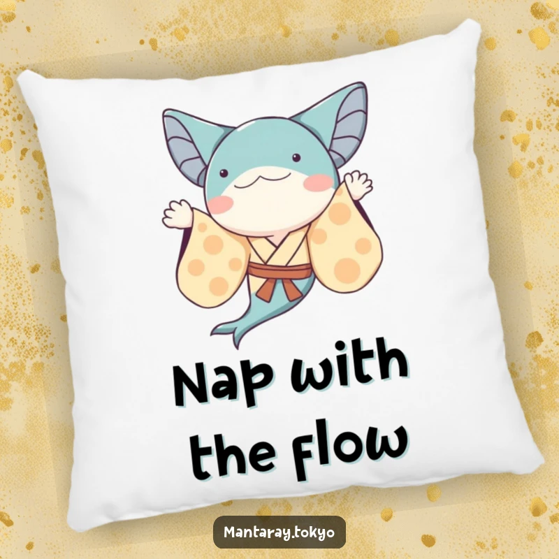 Funny whimsical manta ray in a kimono with flowing sleeves, waving, depicted on a soft and humorous pillow.