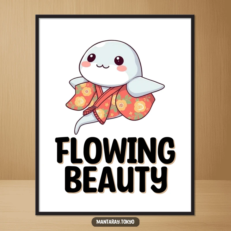 Funny kawaii manta ray in a vibrant kimono gracefully gliding, a humorous digital illustration perfect for instant wall art downloads.