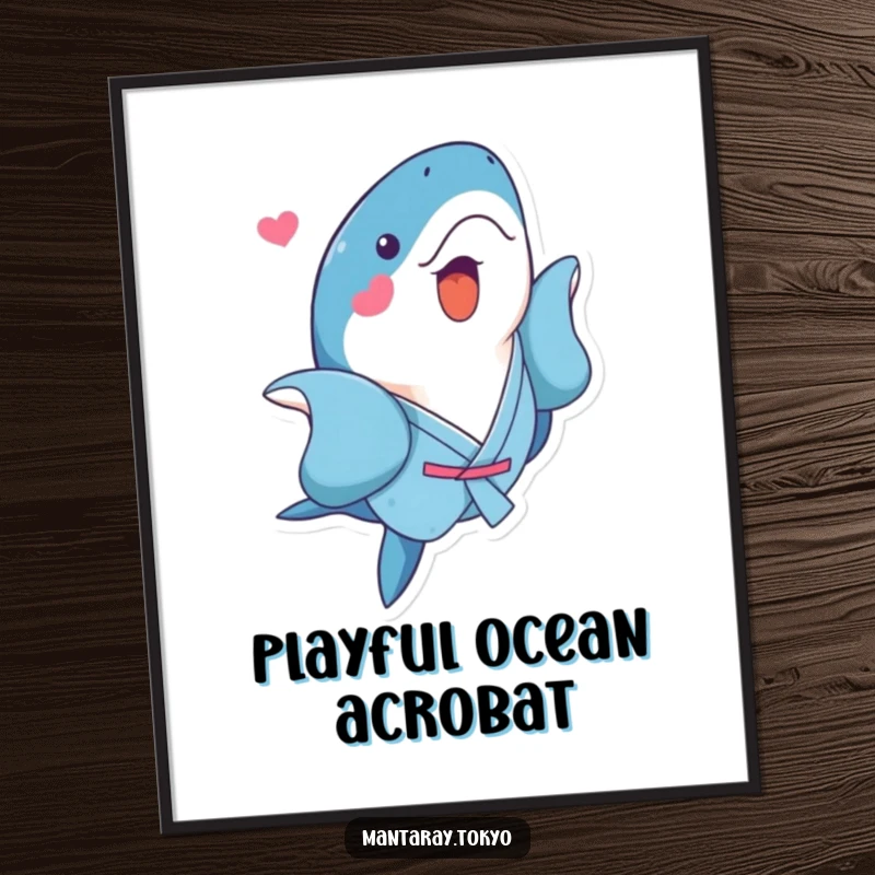 Funny Kawaii Manta Ray Digital Art Print of a cute manta ray wearing a blue kimono and doing a playful flip, downloadable fun.