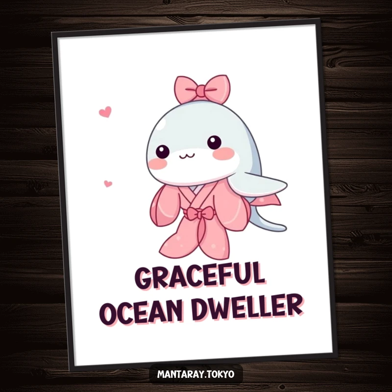Funny Kawaii Manta Ray Digital Art Print of a cute manta ray wearing a pink kimono and swimming, downloadable charm.