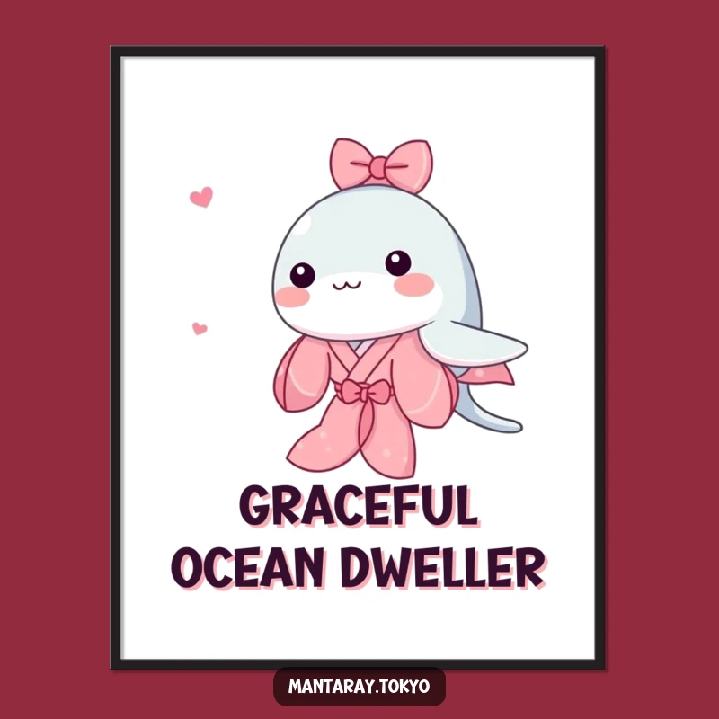 Funny Kawaii Manta Ray Digital Art: Pink Kimono Swim, Cute Ocean Scene, Instant Funny Gift Download
