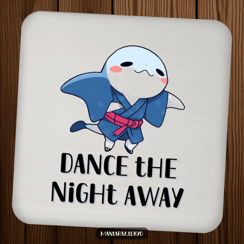Funny manta ray in a traditional indigo kimono, doing a dance step, on a humorous drink coaster.