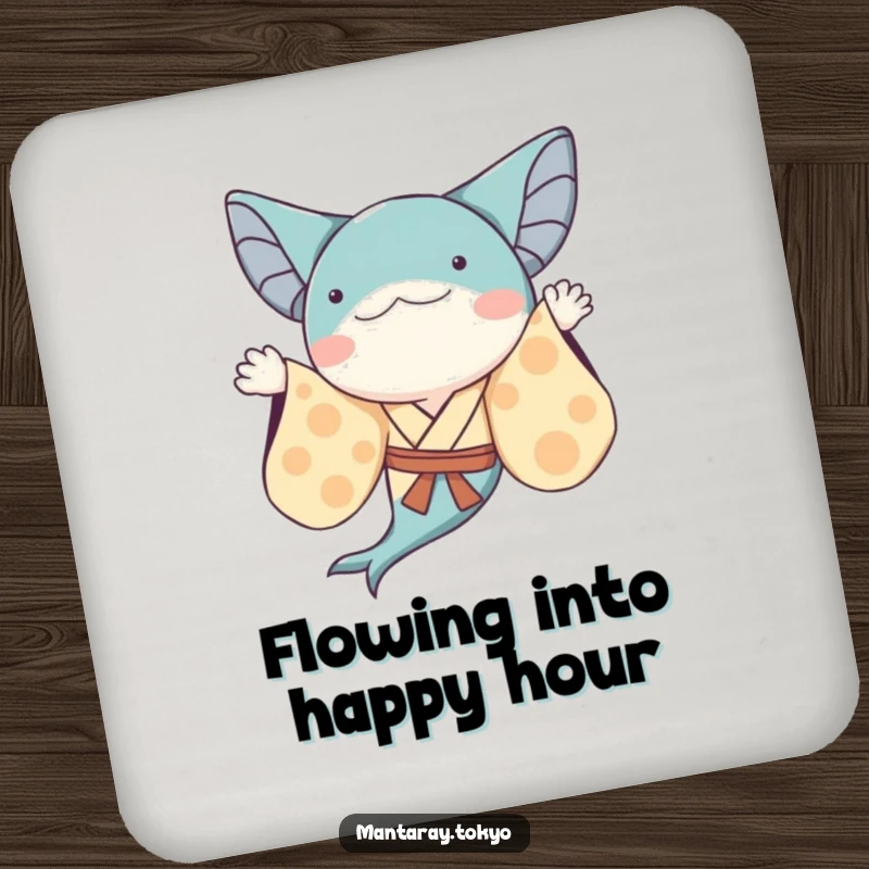 Funny whimsical manta ray in a kimono with flowing sleeves, waving, on a humorous drink coaster.