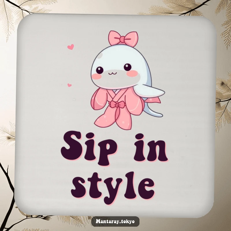 Funny Kawaii Manta Ray Drink Coasters featuring a cute manta ray in a pink kimono swimming, protecting surfaces with charm.