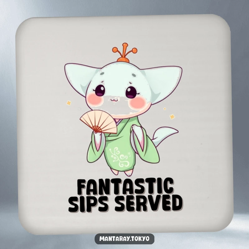 Funny kawaii manta ray in a green kimono holding a fan, on a set of protective drink coasters.