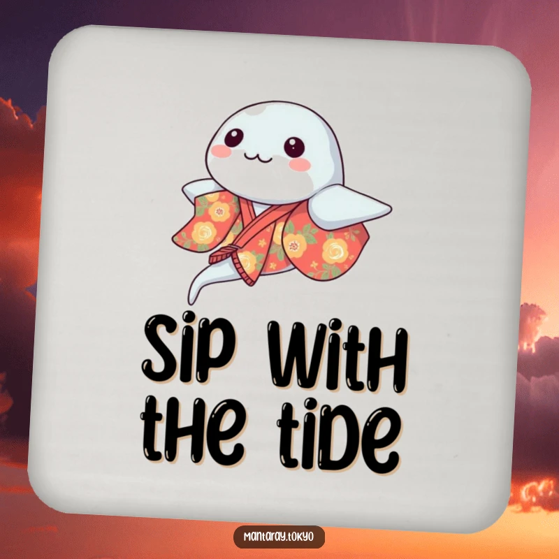 Funny kawaii manta ray in a vibrant kimono gracefully gliding, a delightful illustration on a humorous drink coaster.