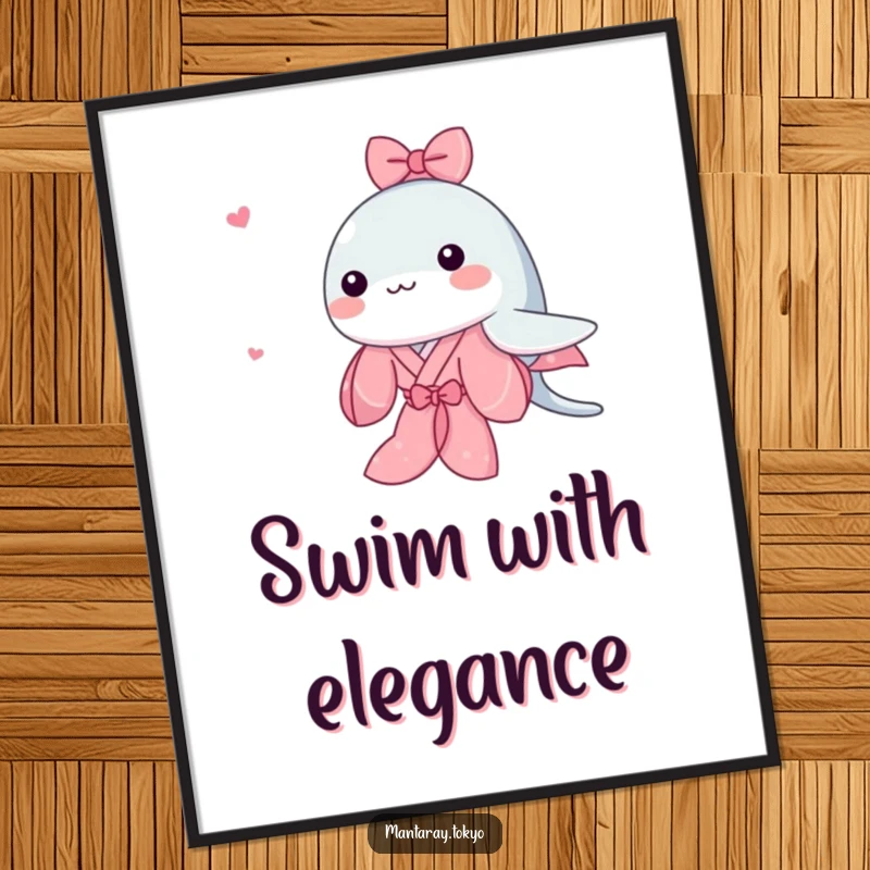 Funny Kawaii Manta Ray Poster of an adorable manta ray in a pink kimono, gracefully swimming in the ocean.