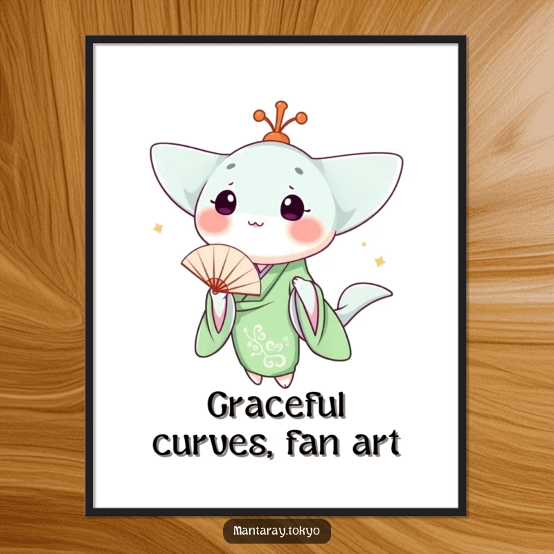 Funny kawaii manta ray in a green kimono holding a fan, displayed as a beautiful poster for wall decoration.