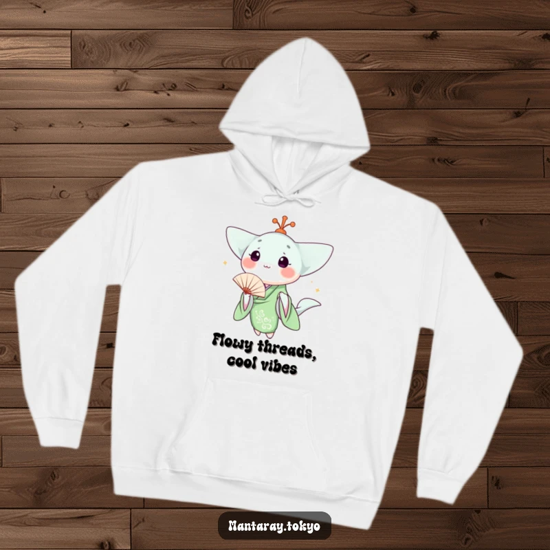 Funny kawaii manta ray in a green kimono holding a fan, printed on a cozy hoodie, perfect for chilly days.