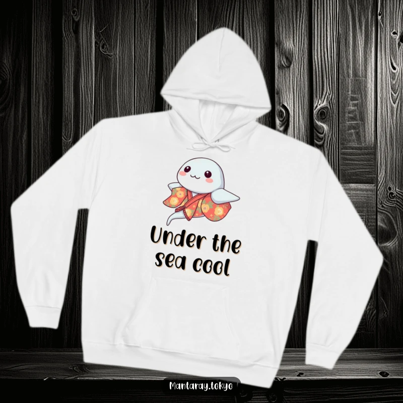Funny kawaii manta ray in a vibrant kimono gracefully gliding, depicted on a soft and humorous hoodie, a great gift.
