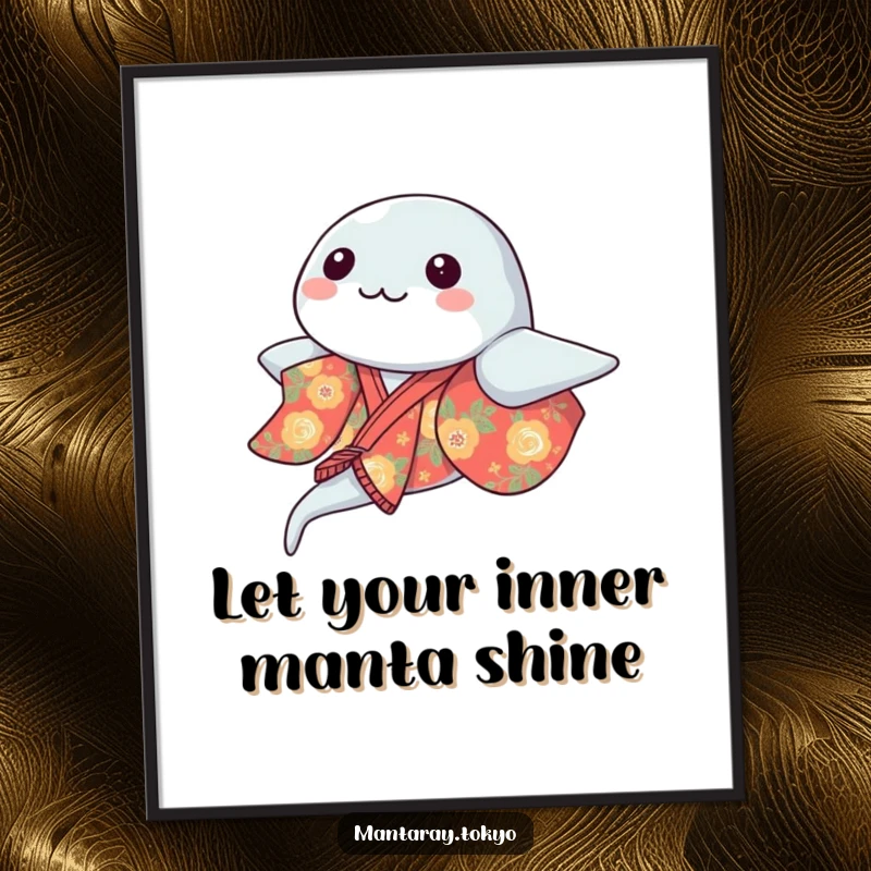 Funny Free Printable Kawaii Manta Ray Wall Art, a cute ray in a patterned kimono, gracefully gliding through the sea.