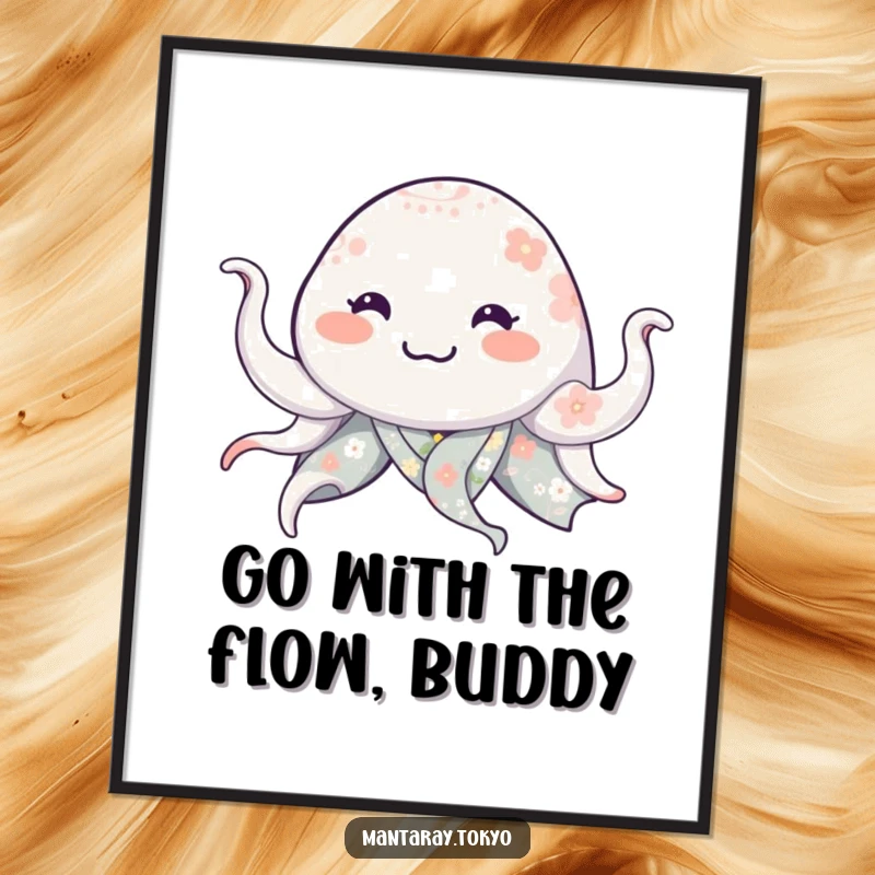 Funny Free Printable Smiling Manta Ray Wall Art, a happy ray in a floral kimono waves hello.