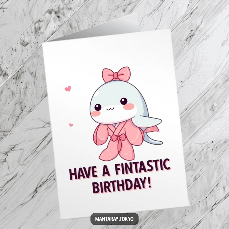 Funny Free Printable Birthday Card: A kawaii manta ray sporting a pink kimono gracefully swims, perfect for a darling DIY celebration.