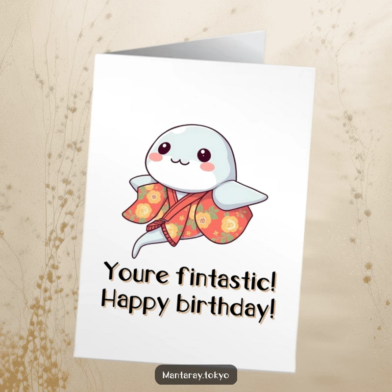 Funny Free Printable Kawaii Manta Ray Birthday Card, a cute ray in a kimono, gliding joyfully.