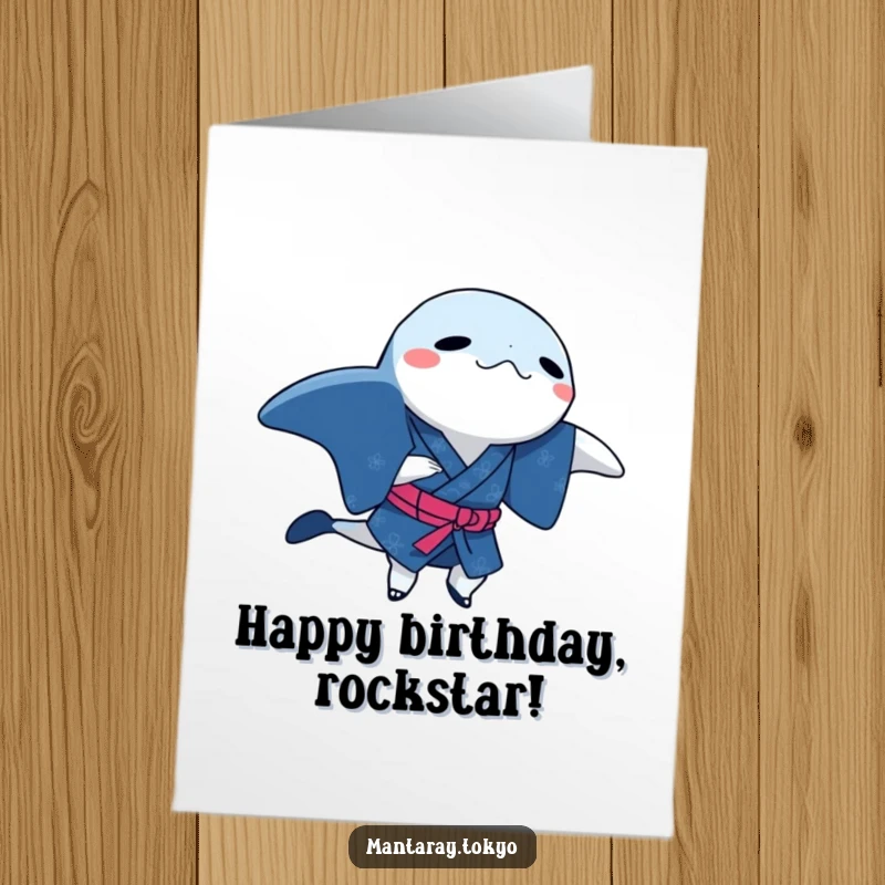 Funny Free Printable Dancing Manta Ray Birthday Card, a ray in an indigo kimono doing a dance.