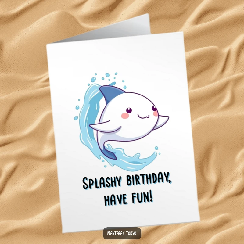 Funny Free Printable Birthday Card of a kawaii mantaray playfully splashing stylized water with its adorable fins.