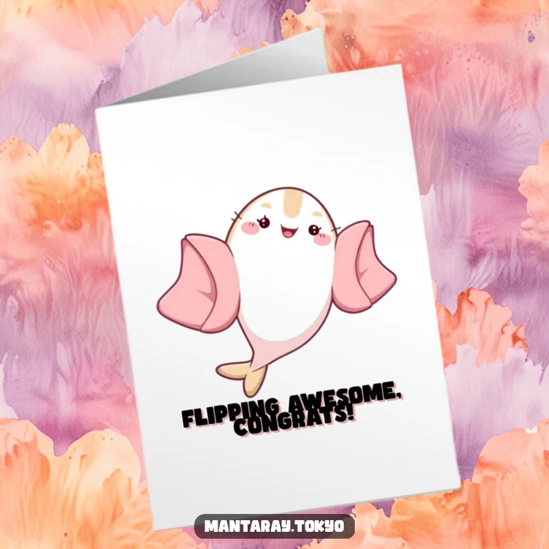 Funny Free Printable Congratulations Card with a kawaii mantaray in a flowing kimono celebrating with a graceful flip.