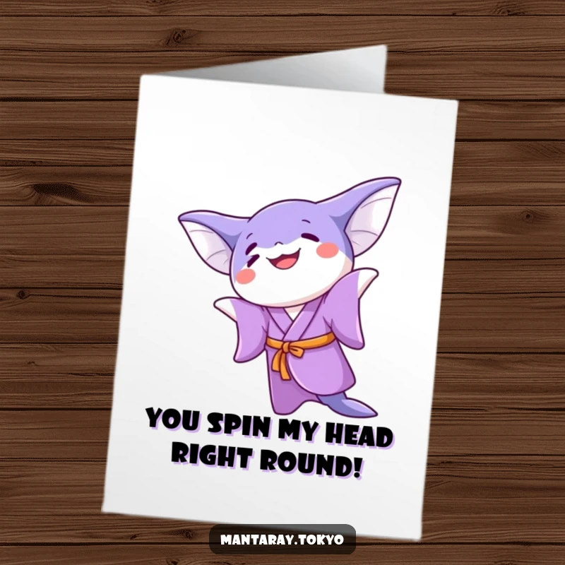 Funny Free Printable Congratulations Card: Kawaii manta ray in purple kimono, doing a joyful twirl to celebrate your achievement.