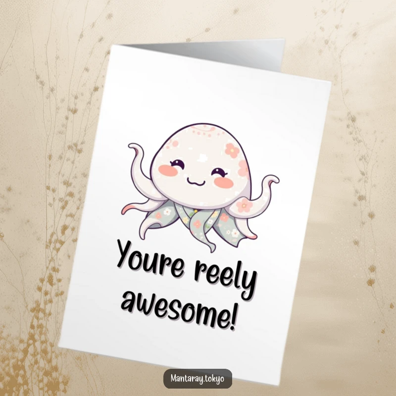 Funny Free Printable Smiling Manta Ray Congratulations Card, a ray in a floral kimono waving enthusiastically.