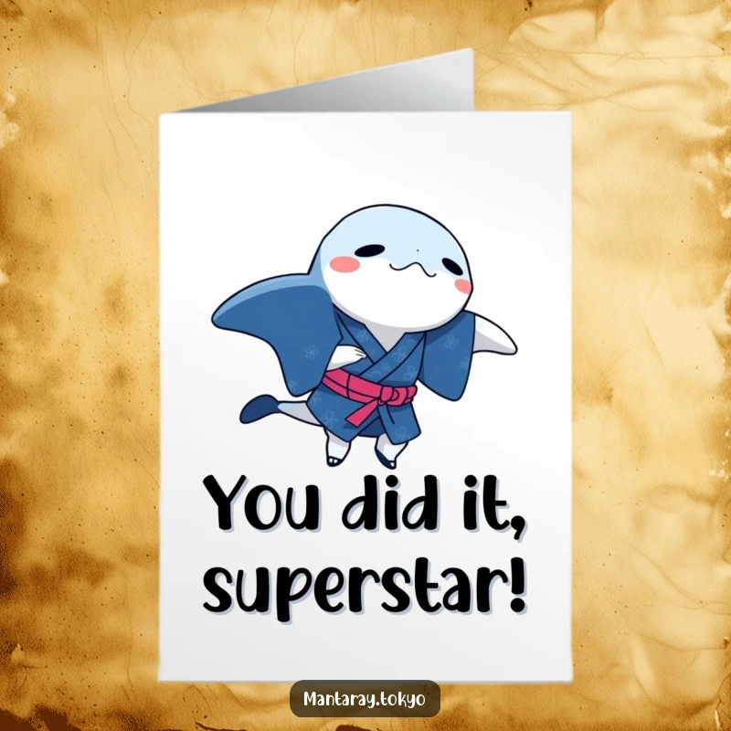 Funny Free Printable Dancing Manta Ray Congratulations Card, a ray in an indigo kimono performs a dance.