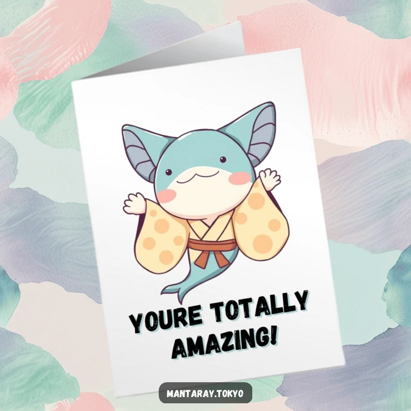 Funny Free Printable Whimsical Manta Ray Congratulations Card, a ray in a kimono waves elegantly.