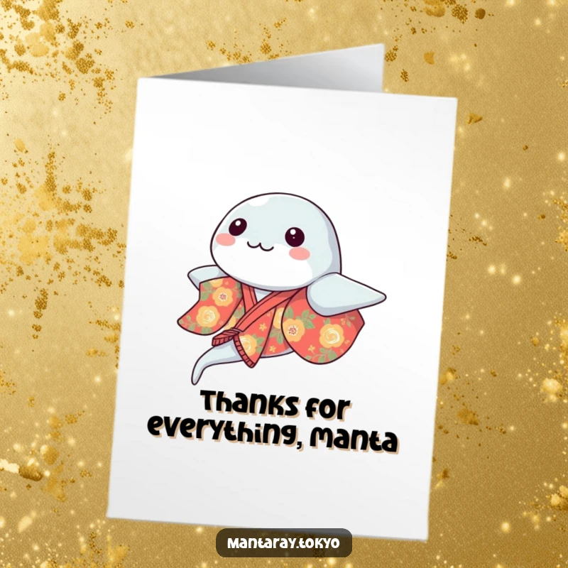 Funny Free Printable Kawaii Manta Ray Thank You Card, a cute ray in a vibrant kimono, gliding politely.