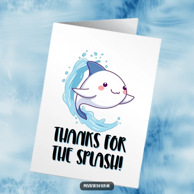 Funny Free Printable Thank You Card featuring a kawaii mantaray energetically splashing stylized water with its fins.