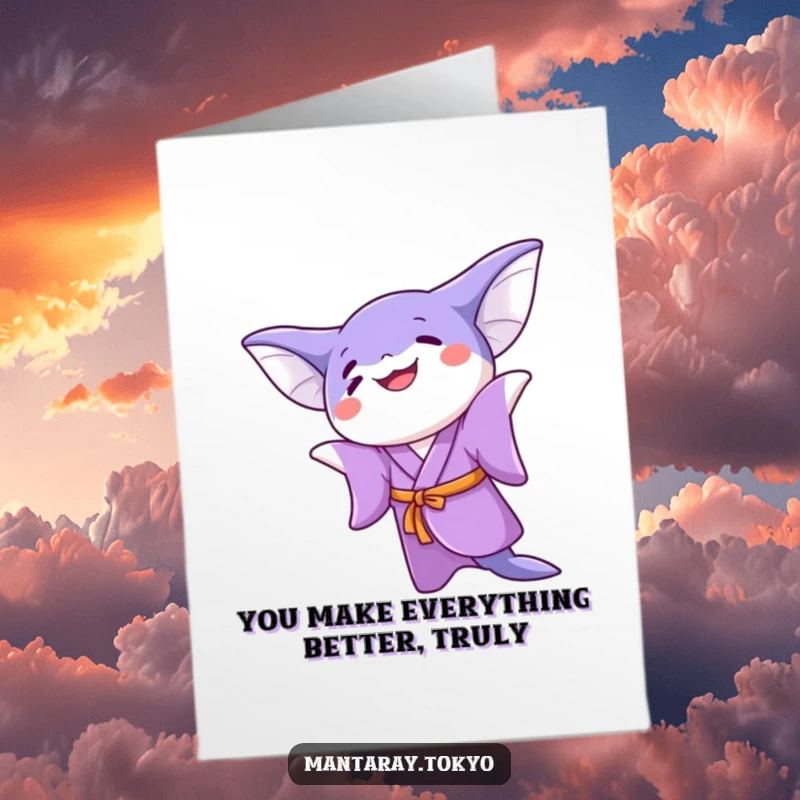 Funny Free Printable Thank You Card: Kawaii manta ray in purple kimono, joyfully twirling to express sincere thanks.