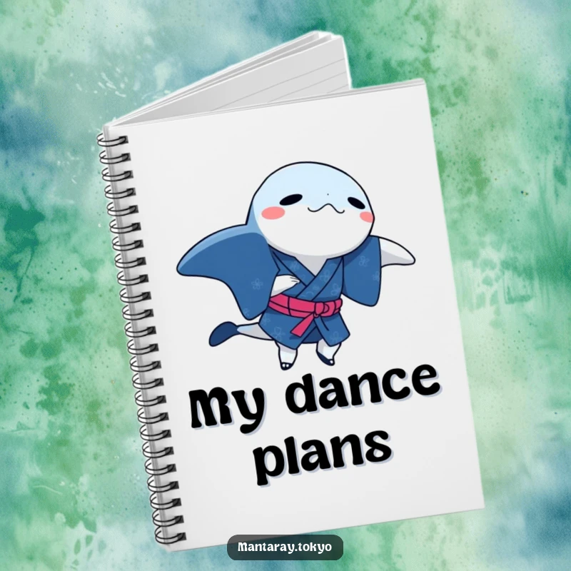 Funny manta ray in a traditional indigo kimono, doing a dance step, on a humorous notebook for capturing ideas.