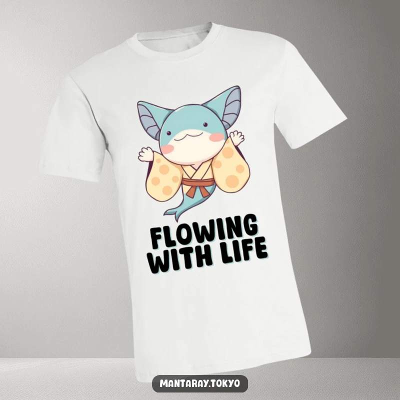 Funny whimsical manta ray in a kimono with flowing sleeves, waving, on a humorous t-shirt.