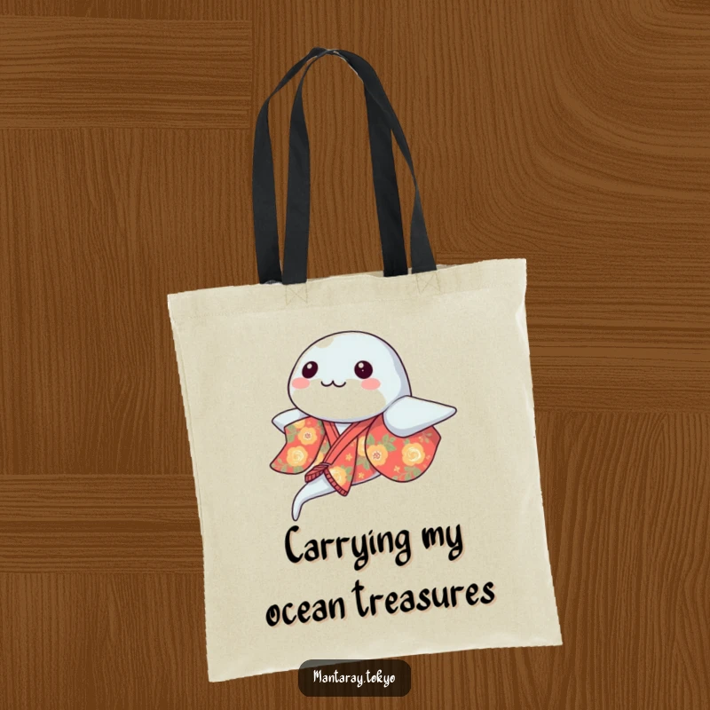 Funny kawaii manta ray in a vibrant kimono gracefully gliding, a charming illustration on a reusable tote bag, perfect for shoppers.