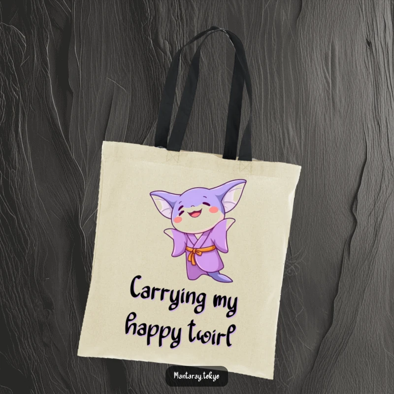 Funny kawaii manta ray in a purple kimono doing a joyful twirl, on a durable tote bag for shopping or errands.